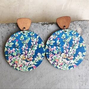 Blue Pink Floral Wooden Lightweight Print Bohemian Statement Earrings
